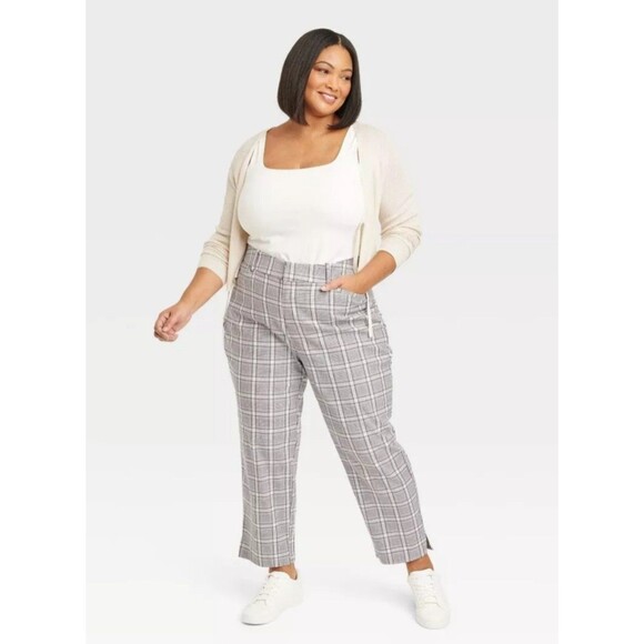 Ava & Viv High Rise Ankle Tapered Pants Cream Plaid - Picture 1 of 7